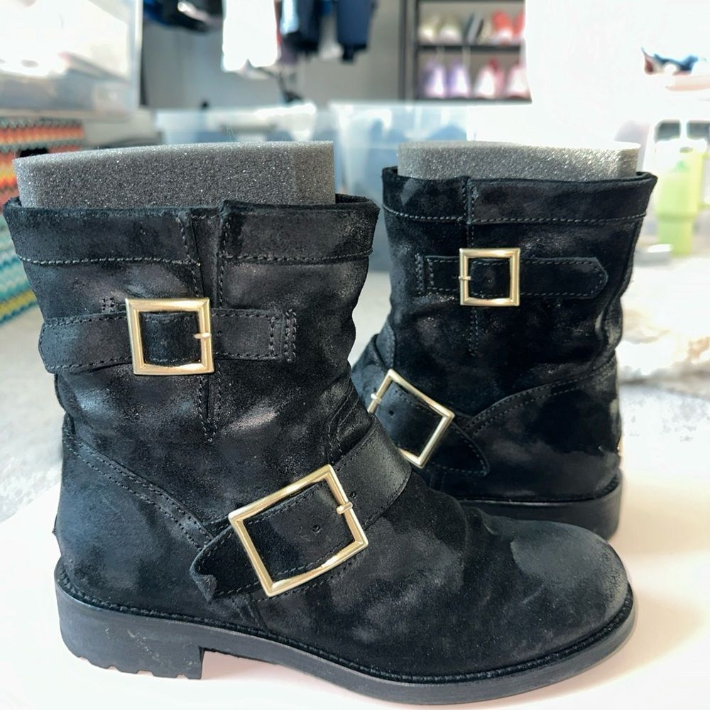 JIMMY CHOO Youth Suede Black Two Buckle  Biker Boots Sz. 36 Worn Once in Box